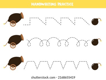 Tracing lines for kids with bombs and cannons. Handwriting practice.