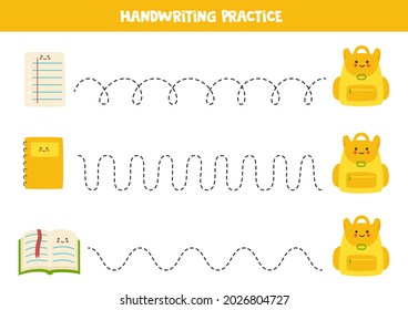 Tracing lines for kids with book, notebook and backpack. Summer worksheet.