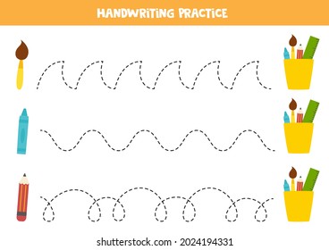 Tracing lines for kids with brush, crayon and pencil. Summer worksheet.