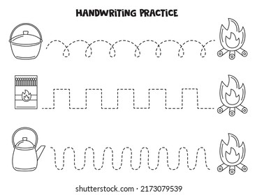 Tracing lines for kids with camping elements. Black and white worksheet.