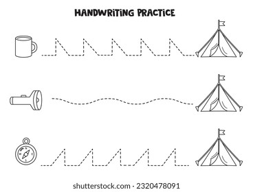 Tracing lines for kids with camping equipment and tents. Black and white worksheet.