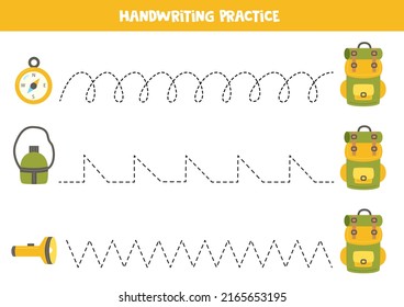 Tracing lines for kids with camping objects. Handwriting practice.