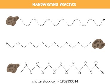 Tracing lines for kids with cartoon asteroids. Handwriting practice for children.