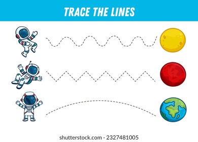 Tracing lines for kids. Cartoon astronaut and planets. Handwriting practice. Educational game for preschool kids. Activity page. Vector illustration.