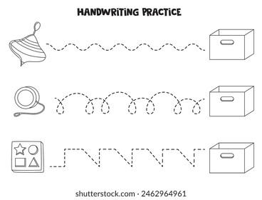 Verfolgungslinien für Kinder. Cartoon Schwarz-Weiß Spielzeug und Box. Schreibübungen.