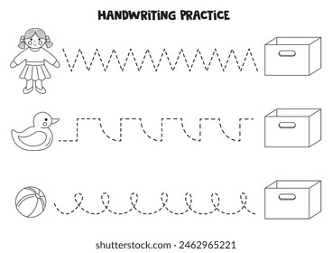 Verfolgungslinien für Kinder. Cartoon Schwarz-Weiß Spielzeug und Box. Schreibübungen.