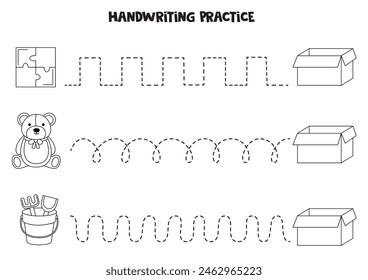 Tracing lines for kids. Cartoon black and white toys and box. Writing practice.