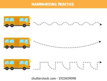 Tracing lines for kids with cartoon bus. Handwriting practice for children.