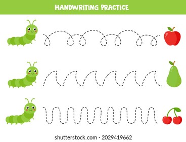 Tracing lines for kids with cartoon caterpillar and fruits. Summer worksheet.