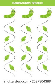 Tracing lines for kids. Cartoon caterpillars and green leaves. Vertical tracing lines.