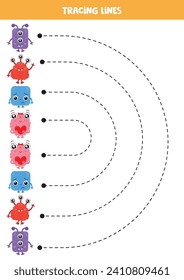 Tracing lines for kids. Cartoon colorful monsters. Handwriting practice for children.
