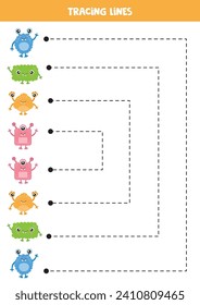 Tracing lines for kids. Cartoon colorful monsters. Handwriting practice for children.