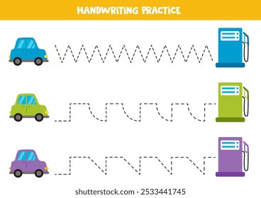Tracing lines for kids. Cartoon colourful cars and gas stations. Handwriting practice for children.