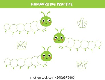 Tracing lines for kids. Cartoon cute caterpillars. Handwriting practice for children.