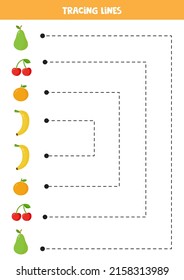Tracing lines for kids with cartoon fruits. Handwriting practice.