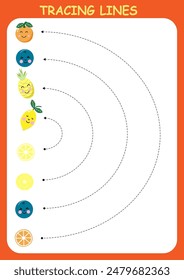 Tracing lines for kids with cartoon fruits. Handwriting practice.