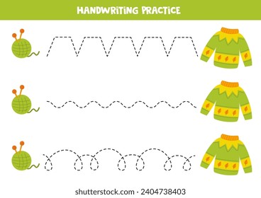 Tracing lines for kids. Cartoon green sweater and ball of yarn. Handwriting practice for children.