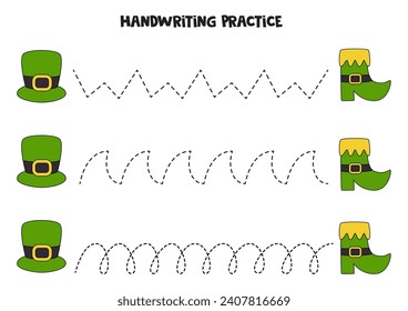 Tracing lines for kids. Cartoon green boot and hat. Handwriting practice for children.