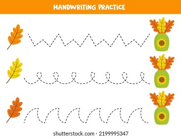 Tracing lines for kids. Cartoon leaves in vase. Writing practice.