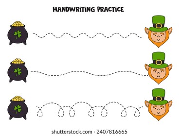 Tracing lines for kids. Cartoon leprechaun and pot with coins. Handwriting practice for children.