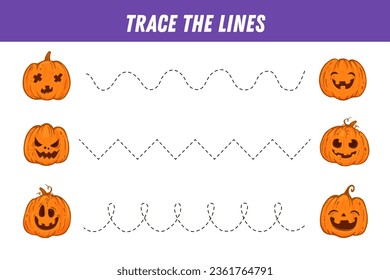 Tracing lines for kids. Cartoon pumpkin. Handwriting practice. Educational game for preschool kids. Activity page. Vector illustration. 