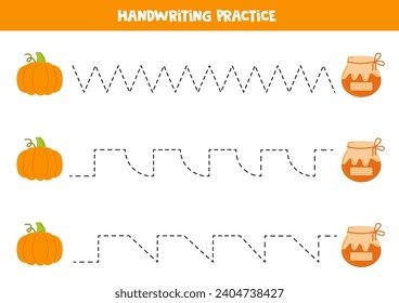 Tracing lines for kids. Cartoon pumpkin and jam jar. Handwriting practice for children.