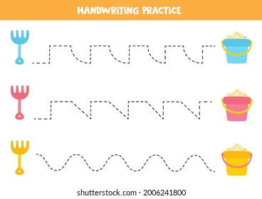 Tracing lines for kids with cartoon rake and pile. Summer worksheet.