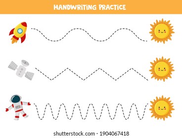 Tracing lines for kids with cartoon Sun, rocket, astronaut and satellite. Handwriting practice for children.