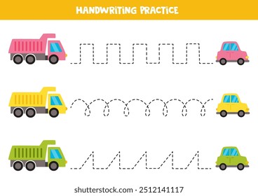 Rastreando linhas para crianças. Cartoon caminhões e carros. Prática de caligrafia.