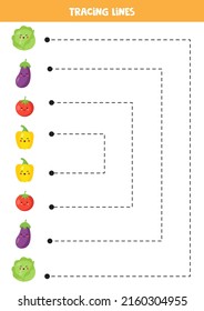 Tracing lines for kids with cartoon vegetables. Handwriting practice.