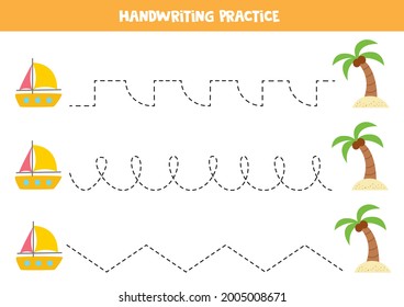 Tracing lines for kids with cartoon yacht and palm. Summer worksheet.