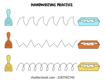 Tracing lines for kids with cat trays and shovels. Handwriting practice.