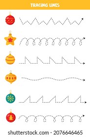 Tracing lines for kids with Christmas baubles. Handwriting practice.