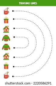 Tracing lines for kids with Christmas elements. Handwriting practice.