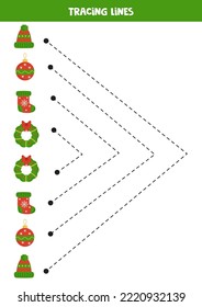 Tracing lines for kids with Christmas elements. Handwriting practice.