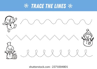 Tracing lines for kids. Christmas page with snowman. Handwriting practice. Educational game for kids . Activity page. Vector