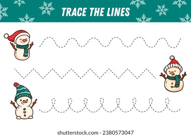 Tracing lines for kids. Christmas page with snowman. Handwriting practice. Educational game for kids . Activity page. Vector
