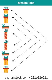 Tracing lines for kids with Christmas presents. Handwriting practice.