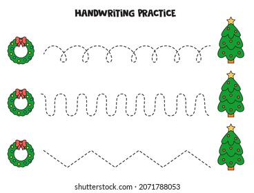 Tracing Lines For Kids With Christmas Tree And Wreath. Handwriting Practice.