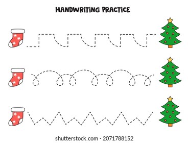 Tracing Lines For Kids With Christmas Tree And Sock. Handwriting Practice.