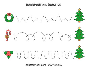 Tracing Lines For Kids With Christmas Tree And Holly. Handwriting Practice.