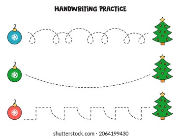 Tracing lines for kids with Christmas trees and balls. Handwriting practice.