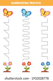 Tracing lines for kids with colorful butterflies and flowers. Handwriting practice for children.