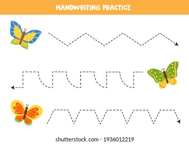 Tracing lines for kids with colorful butterflies. Handwriting practice for children.