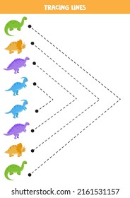 Tracing Lines For Kids With Colorful Dinosaurs. Handwriting Practice.