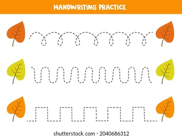 Tracing lines for kids with colorful leaves. Handwriting practice.