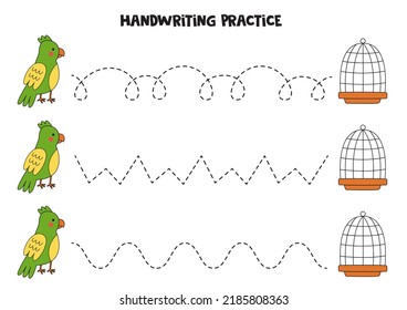 Tracing lines for kids with colorful parrot and cage. Handwriting practice.