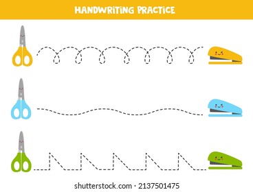 Tracing lines for kids with colorful scissors and staplers.
