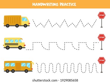 Tracing lines for kids with colorful transportation means. Handwriting practice for children.