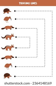 Tracing lines for kids. Cute Australian animals. Handwriting practice for children.